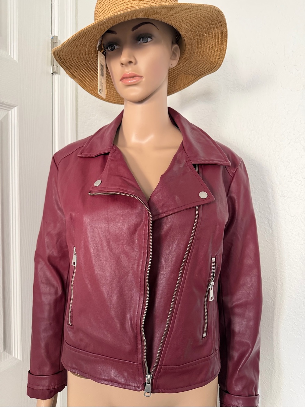 Women's Burgundy Leather Moto Jacket - Sleek Zip Front